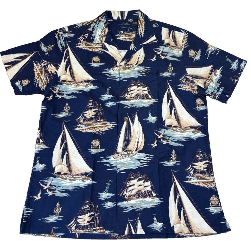 NWT Polo Ralph Lauren Classic Fit Blue Sailboat AOP Oxford Camp Button Up Size M